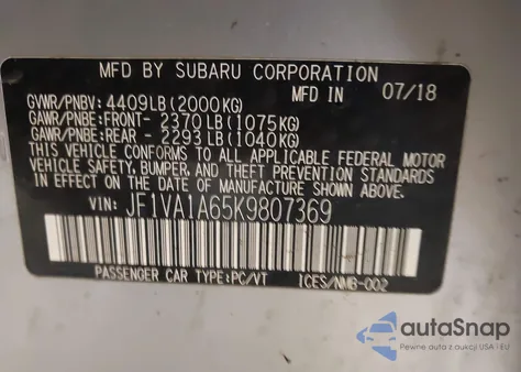 2019 Subaru Wrx из США, поврежденный, VIN JF1VA1A65K9807369